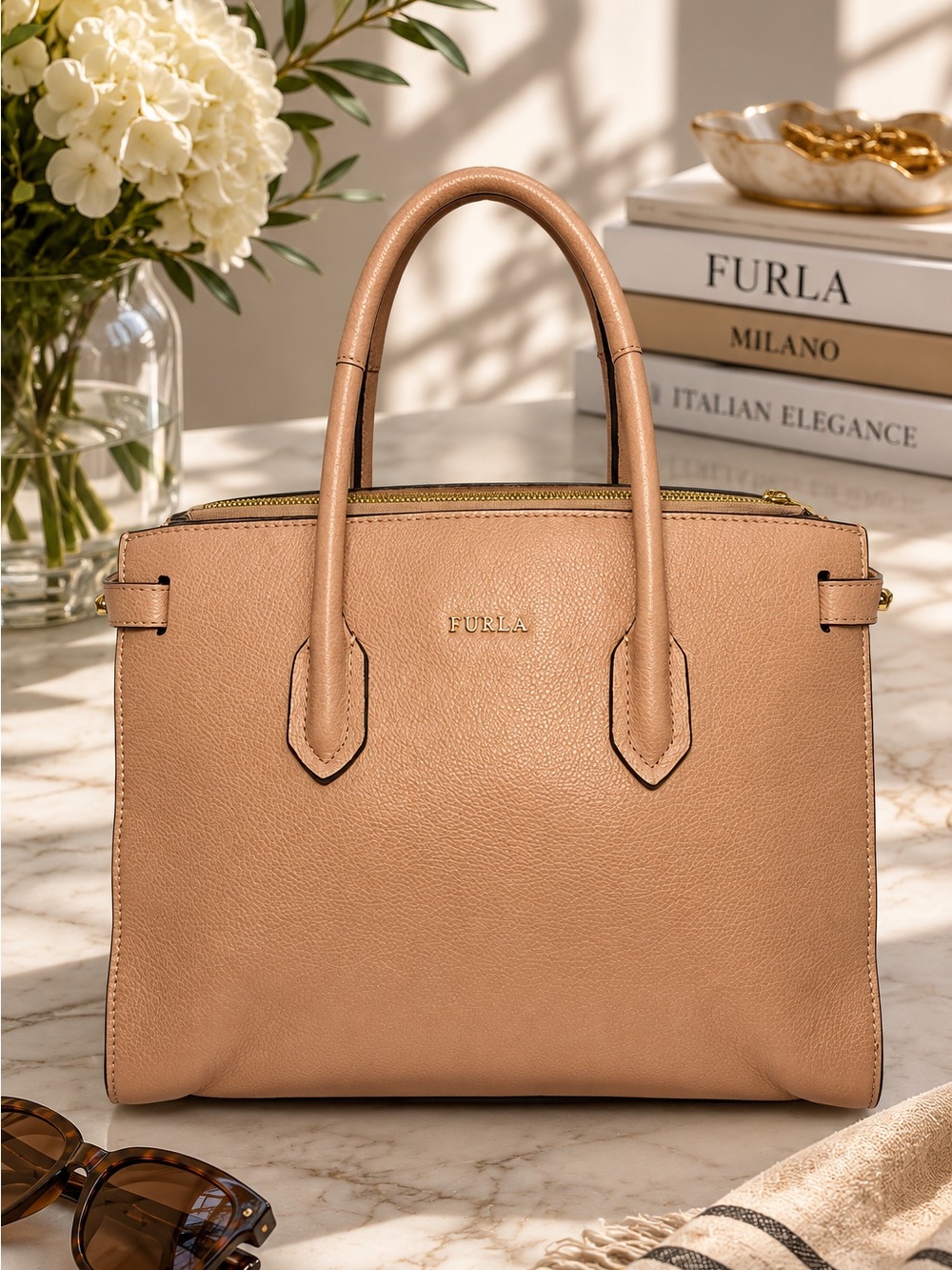 Furla Beige Leather Top-Handle Satchel